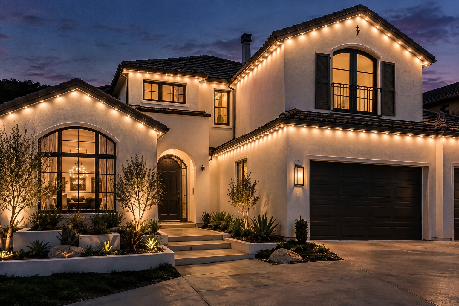 Permanent warm-white LED lighting on a Central Coast home at dusk